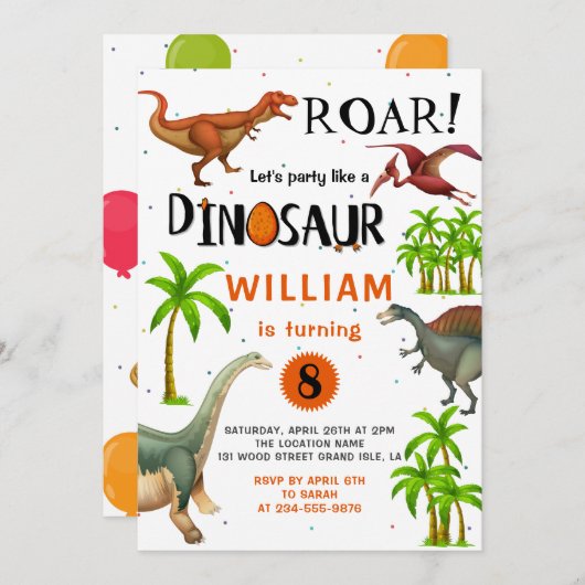 Roar Boys Dinosaur Birthday Jungle Party Einladung (Vorne/Hinten)