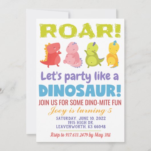Roar Dinosaur Birthday Einladung (Vorderseite)