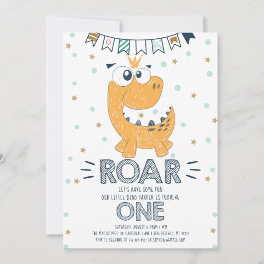 ROAR Dinosaur Erster Geburtstag Einladung (Vorderseite)