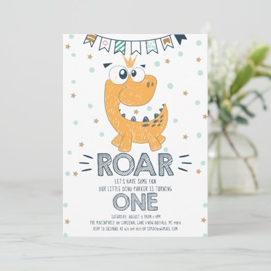 ROAR Dinosaur Erster Geburtstag Einladung (Stehend Vorderseite)