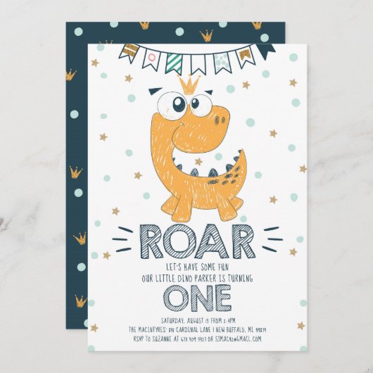 ROAR Dinosaur Erster Geburtstag Einladung (Vorne/Hinten)
