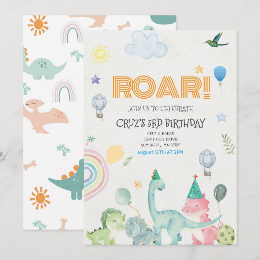 Roar Dinosaurier Einladung zum Geburtstag (Vorne/Hinten)