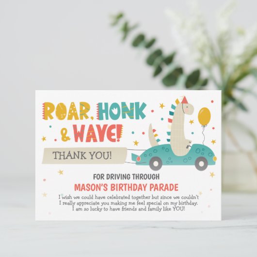 Roar Dinosaurier fahren am Geburtstag Dankeskarte (Stehend Vorderseite)