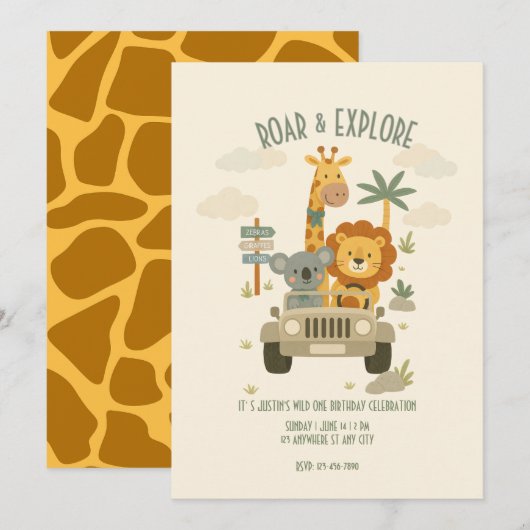 Roar & Explore – It's a Safari Birthday! Einladung (Vorne/Hinten)