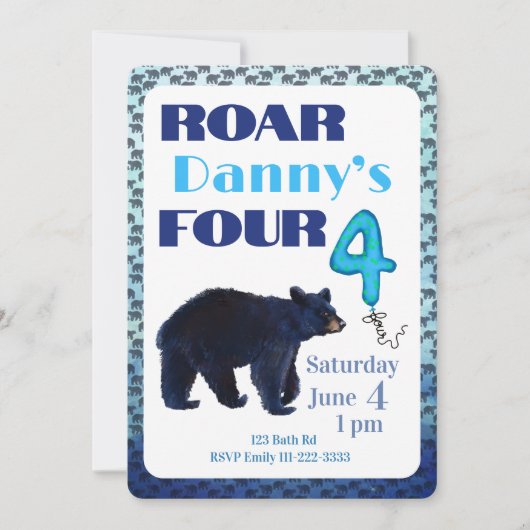 Roar Four Bear 4th Birthday Invitation Einladung (Vorderseite)