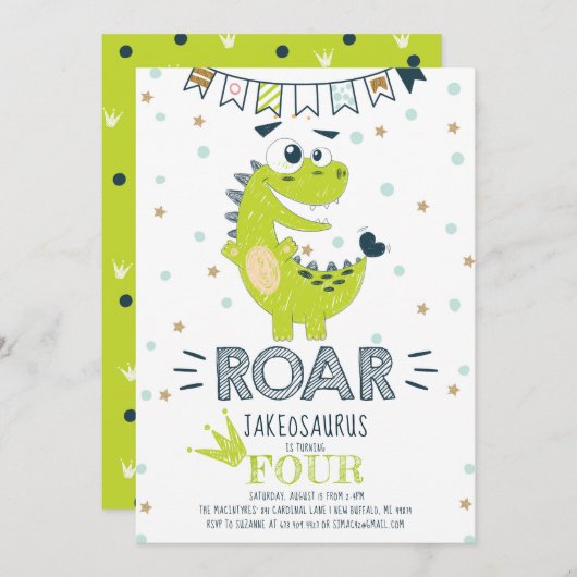 ROAR Green Dinosaur Geburtstag Einladung (Vorne/Hinten)