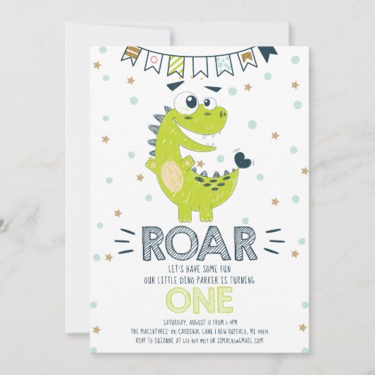 ROAR Green Dinosaurier Erster Geburtstag Einladung (Vorderseite)