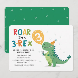 Roar I bin eine 3-Rex Kinder Dritte Geburtstagspar Einladung