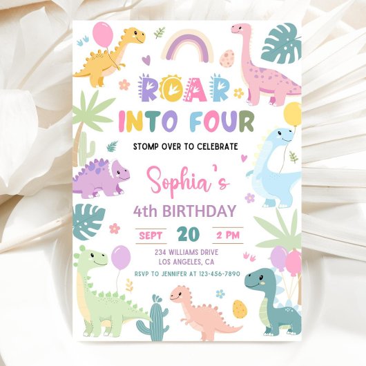 Roar in Four Dinosaurier 4. Geburtstag Einladung 4