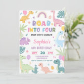 Roar in Four Dinosaurier 4. Geburtstag Einladung 4 (Stehend Vorderseite)