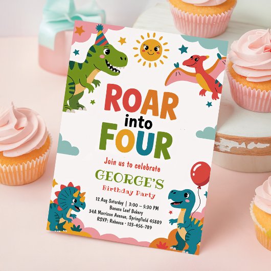 Roar Into Four Cute Dinosaurs 4th Birthday Party Einladung
