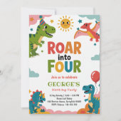 Roar Into Four Cute Dinosaurs 4th Birthday Party Einladung (Vorderseite)