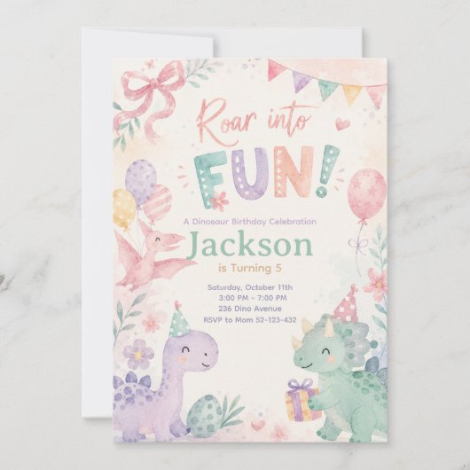 Roar Into Fun Dinosaur Invitation Editable Einladung (Vorderseite)