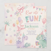 Roar Into Fun Dinosaur Invitation Editable Einladung (Vorne/Hinten)