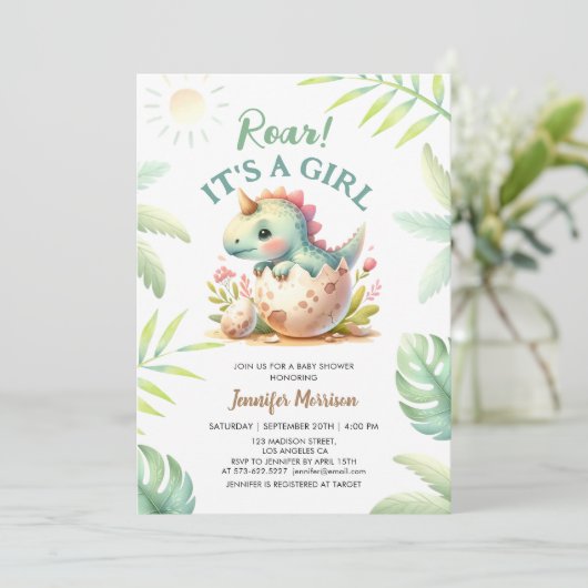 Roar It is a Girl Niedlich Dino Dinosaur Baby Show Einladung (Stehend Vorderseite)