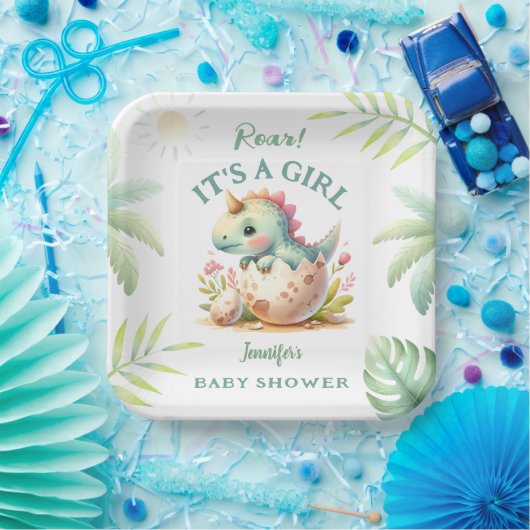 Roar It's a Girl Pink Dino Dinosaur Baby Shower Pappteller (Party)
