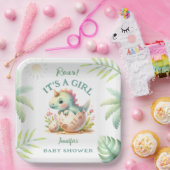Roar It's a Girl Pink Dino Dinosaur Baby Shower Pappteller (Party)