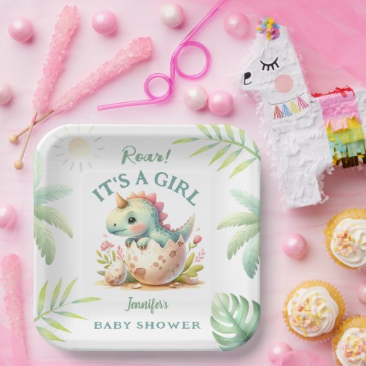 Roar It's a Girl Pink Dino Dinosaur Baby Shower Pappteller (Party)
