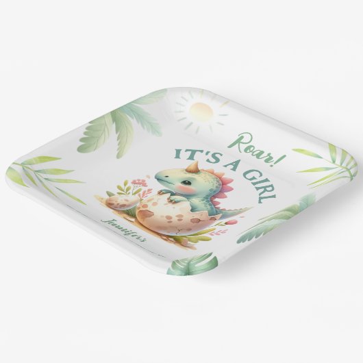 Roar It's a Girl Pink Dino Dinosaur Baby Shower Pappteller (Gewinkelt)