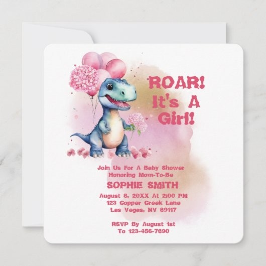 Roar It's a Girl T-Rex Baby Dinosaurier Pink Einladung (Vorderseite)