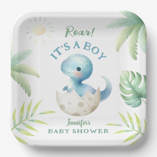 Roar seine a Boy Niedlich Dino Boy Dinosaur Baby D Pappteller (Vorderseite)