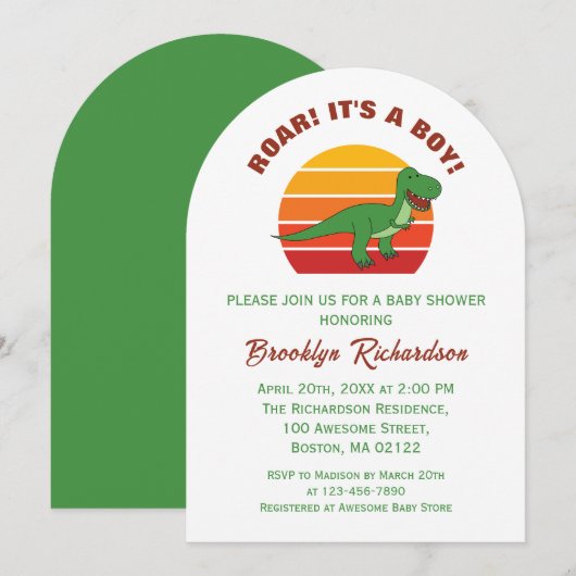Roar seine a Boy Retro Sunset Dinosaur Baby Dusche Einladung (Vorne/Hinten)