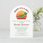 Roar seine a Boy Retro Sunset Dinosaur Baby Dusche Einladung (Stehend Vorderseite)