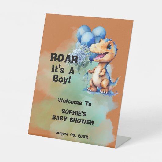 Roar seine a Boy T-Rex Dinosaur Baby Dusche Sockelschild (Vorderseite)