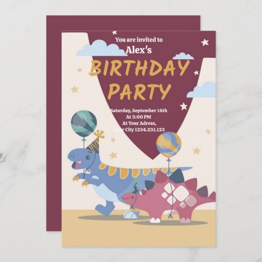 Roar-some Dino Party Einladungen: Spaß, einfaches  Einladung (Vorne/Hinten)