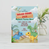 Roar-Some Fun, Dino 1st Birthday Einladung (Stehend Vorderseite)