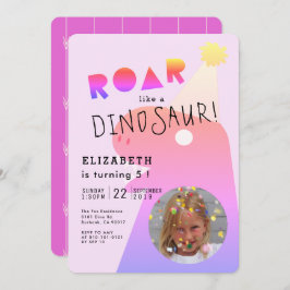 ROAR T-Rex Dinosaur Neon Pink Foto Girl Birthday Einladung