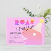 ROAR T-Rex Dinosaur Neon Pink Girl Birthday Einladung (Stehend Vorderseite)