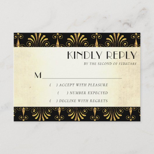 Roarin-20er-Dekadenz | Gold Black Modern Art Deco RSVP Karte (Vorderseite)