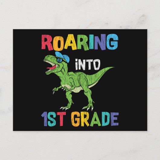 Roaring 1. Klasse Back School T rex Dinosaur Kinde Postkarte (Vorderseite)