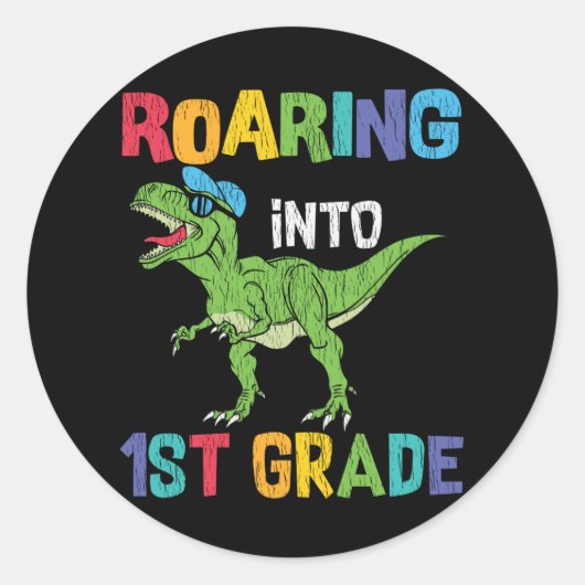 Roaring 1. Klasse Back School T rex Dinosaur Kinde Runder Aufkleber (Vorderseite)