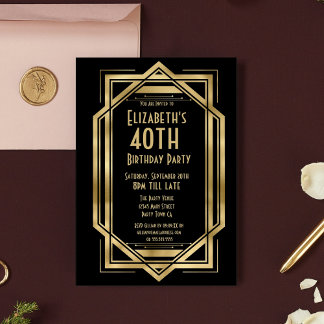 Roaring 20er Art Deco Black | Gold 40. Geburtstag Einladung
