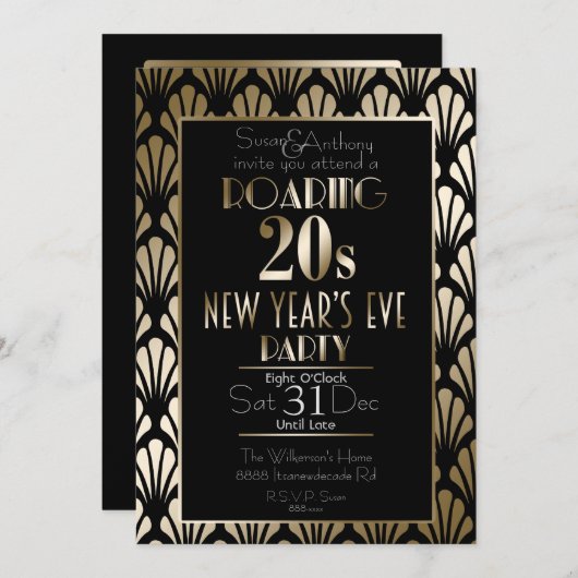 Roaring 20er Art Deco Gatsby Gold Silvester Einladung (Vorne/Hinten)