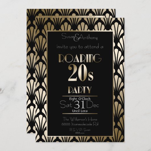 Roaring 20er Art Deco Gatsby Theme Gold Einladung (Vorne/Hinten)