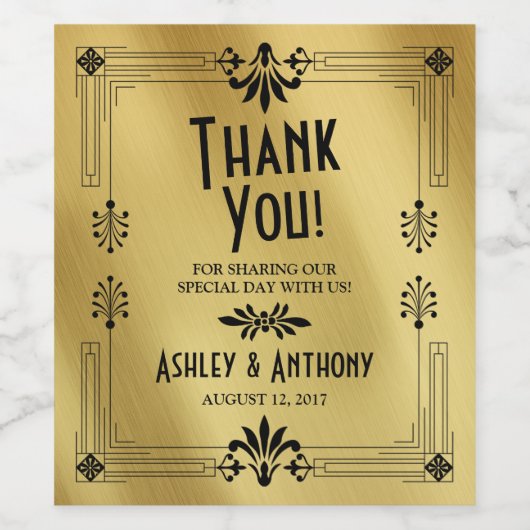 Roaring 20er Art Deco Gold Black Wedding Weinetikett (Einzelnes Label)