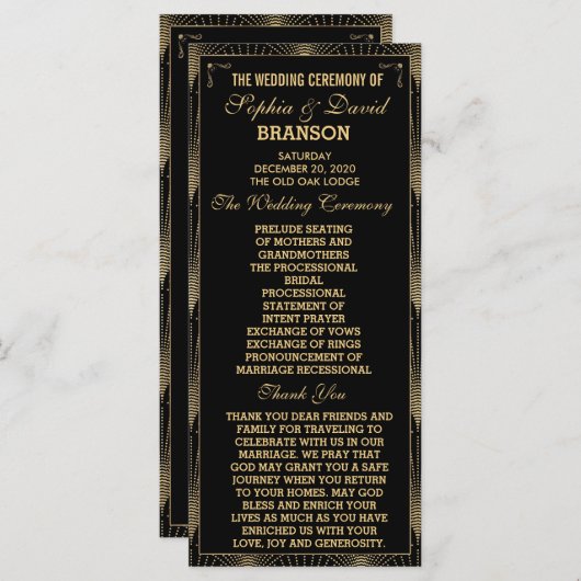 Roaring 20er Art Deco Great Gatsby Hochzeitsprogra Programm (Vorne/Hinten)