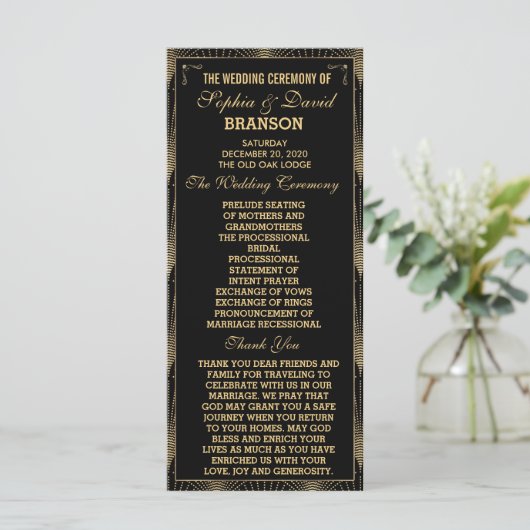 Roaring 20er Art Deco Great Gatsby Hochzeitsprogra Programm (Stehend Vorderseite)