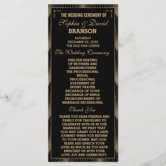 Roaring 20er Art Deco Great Gatsby Hochzeitsprogra Programm (Vorderseite)