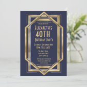 Roaring 20er Art Deco Navy Blue | Gold 40. Einladung (Stehend Vorderseite)