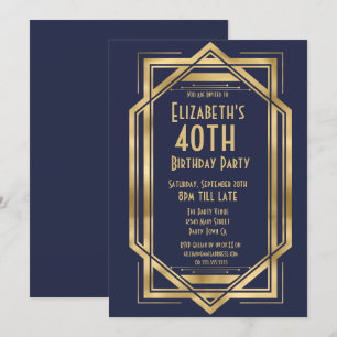Roaring 20er Art Deco Navy Blue Gold 40. Einladung
