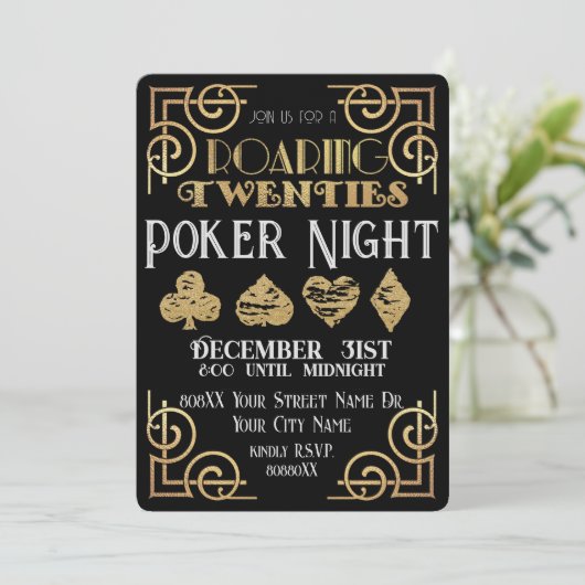 Roaring 20er Black & Gold Würfel Poker Night Einladung (Stehend Vorderseite)