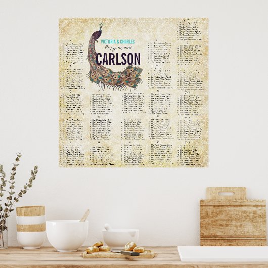 Roaring 20er Damask Peacock Gold Seating Chart Poster (Küche)