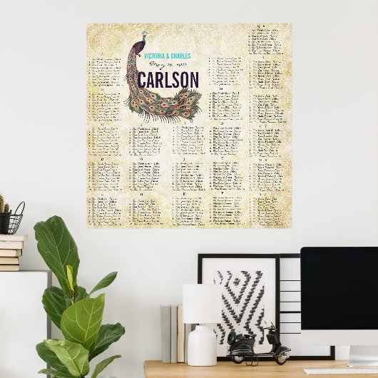 Roaring 20er Damask Peacock Gold Seating Chart Poster (Heimbüro)