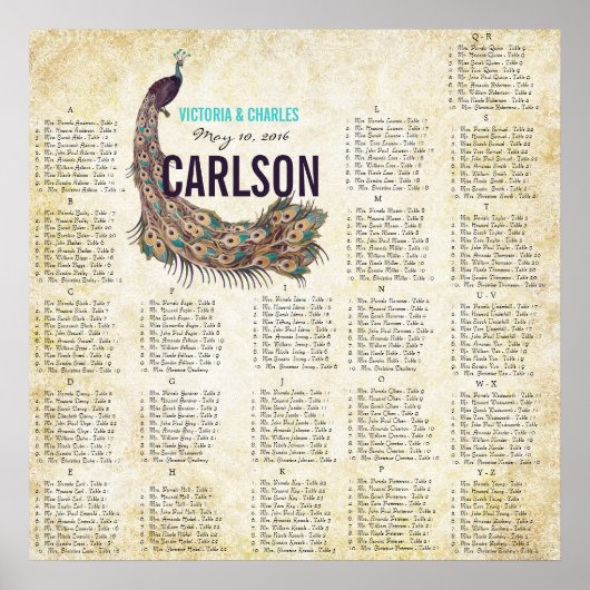 Roaring 20er Damask Peacock Gold Seating Chart Poster (Vorne)