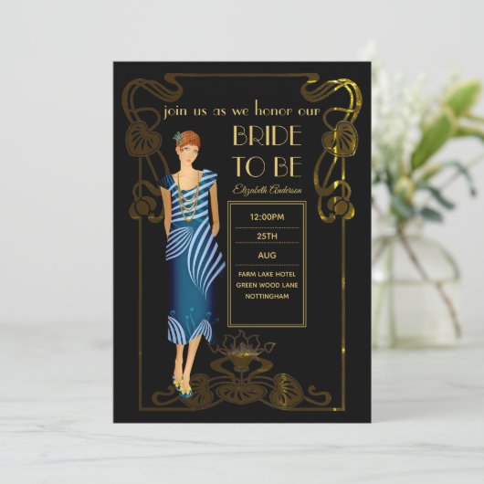 Roaring 20er Flapper Art Deco Gatsby Brautparty Einladung (Stehend Vorderseite)