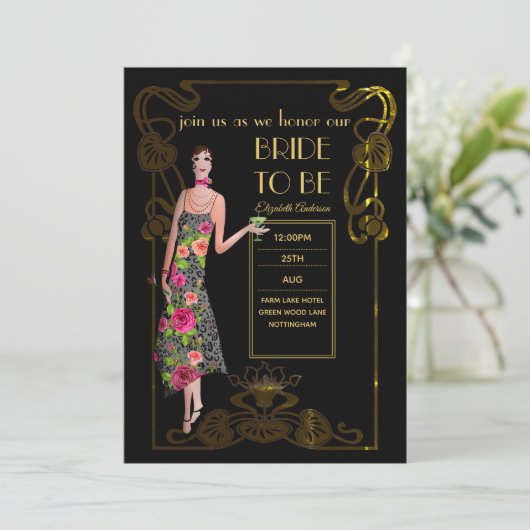 Roaring 20er Flapper Art Deco Gatsby Brautparty Einladung (Stehend Vorderseite)